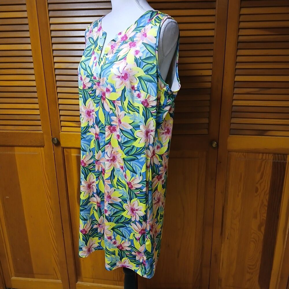 Caribbean Joe Women's Tropical Floral Sleeveless Blue Pink Shift Dress Large - Picture 5 of 9